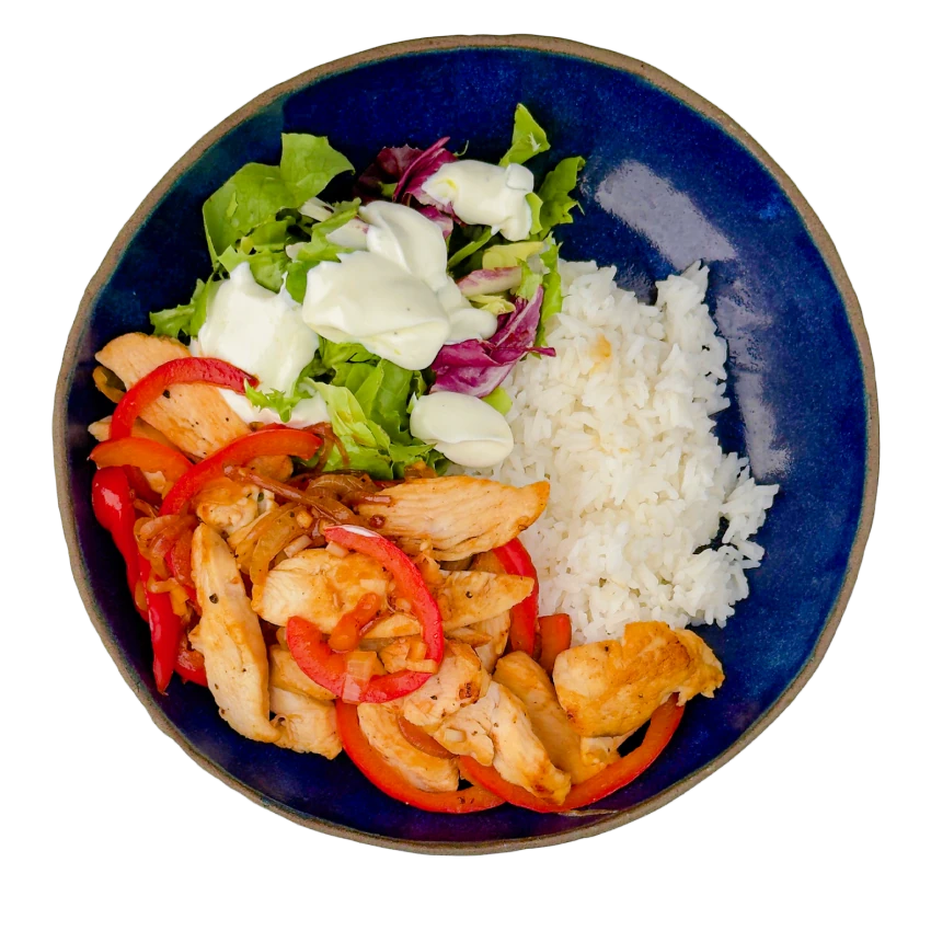 Sauteed Chicken With Bell Peppers, Rice And Salad