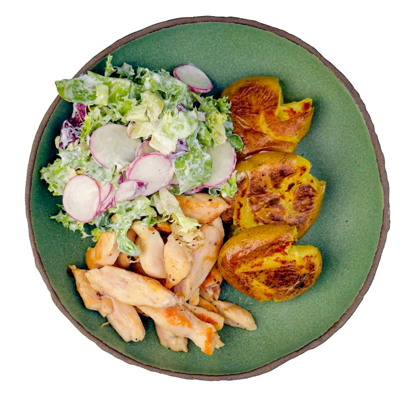 Chicken Strips with Potatoes and Yogurt Salad