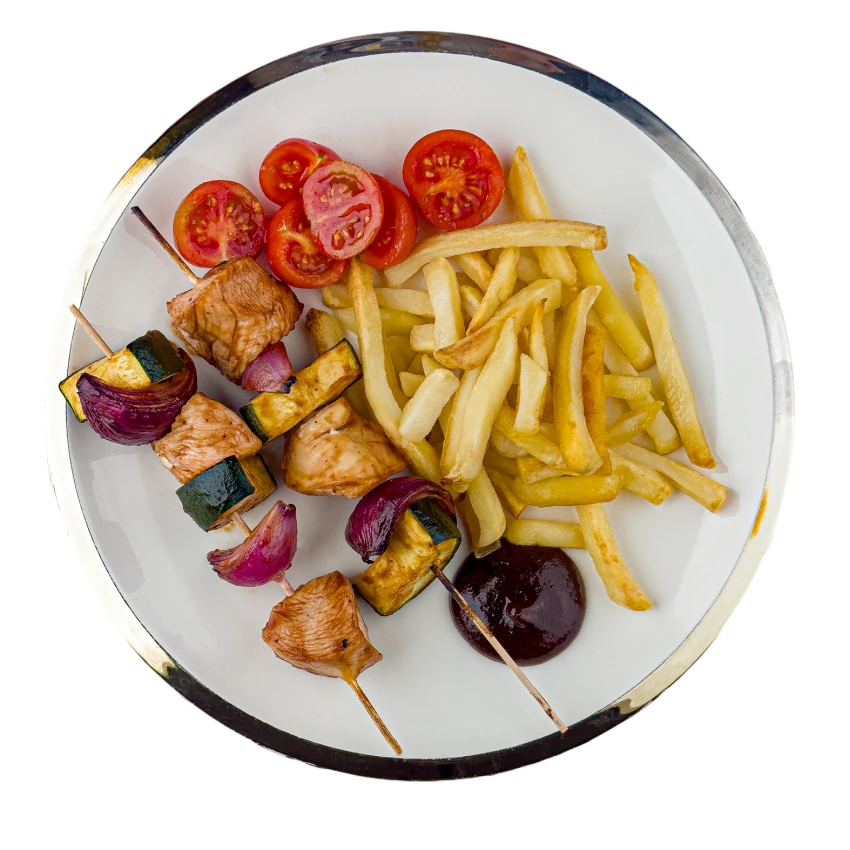 Chicken Skewers with Zucchini, BBQ Sauce and Fries