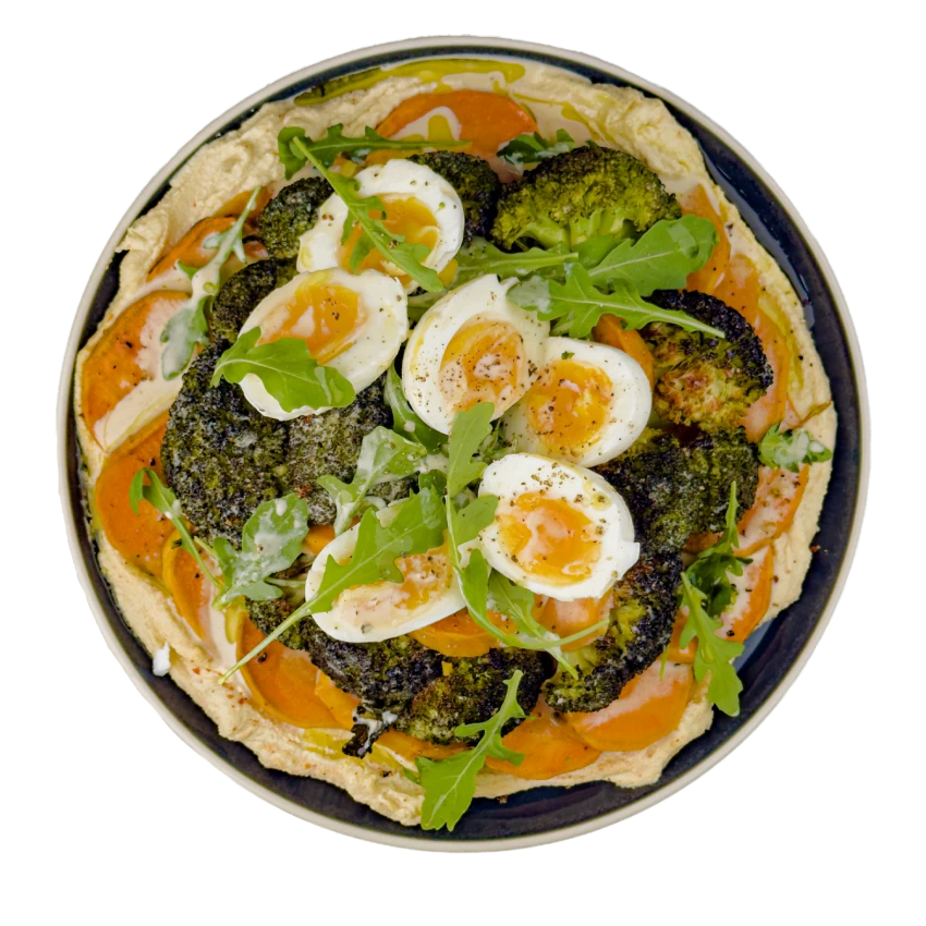 Salad with Roasted Vegetables, Egg and Tahini Dressing
