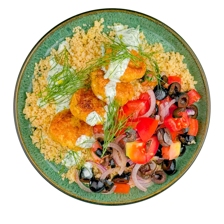 Bowl With Tofu Meatballs, Tzatziki And Salad