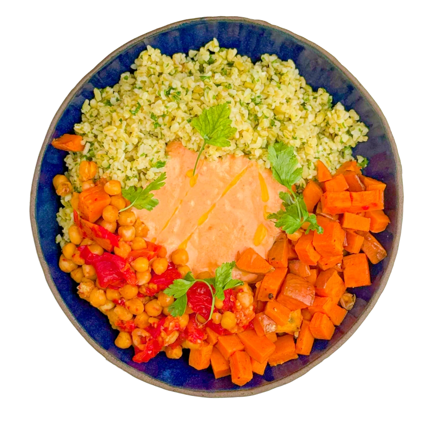 Bowl With Roasted Sweet Potatoes, Bulgur, Harissa, Chickpeas And Tomatoes