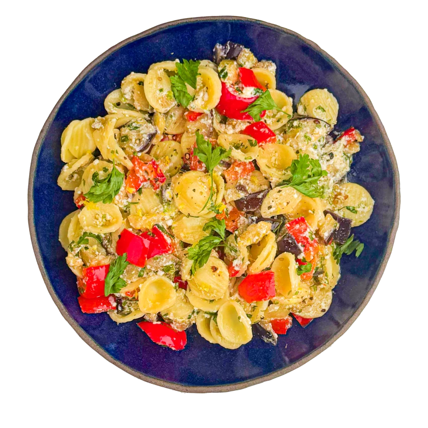 Pasta with Roasted Peppers, Eggplant and Ricotta