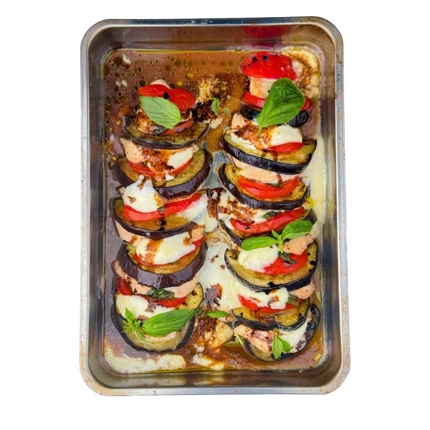 Pan-Seared Chicken Breasts And Eggplant With Caprese Salad