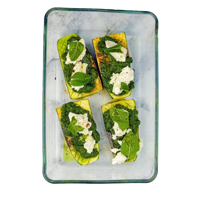 Baked Zucchini with Salsa Verde and Cream Cheese