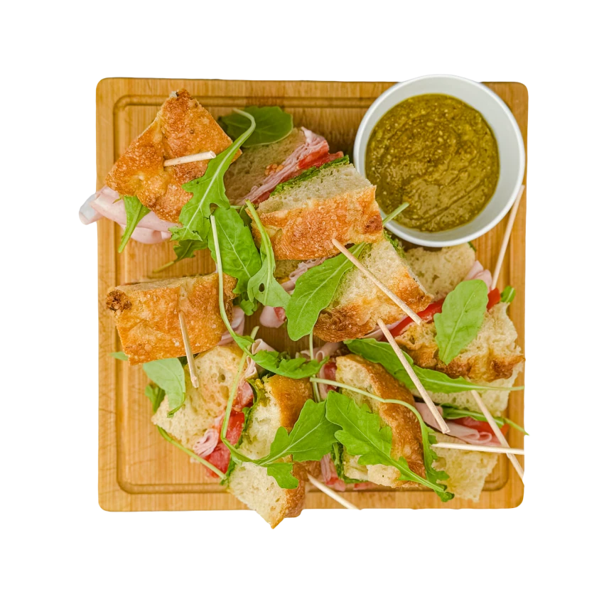 Focaccia with Mortadella and Pistachio Pesto