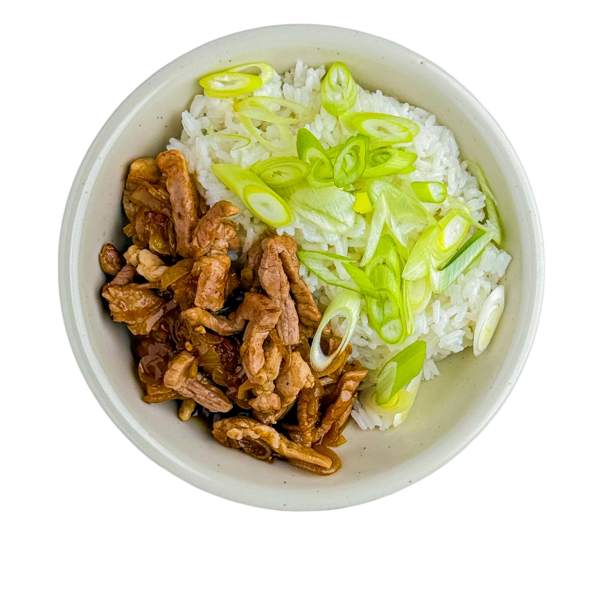 Pork strips with rice and sweet chili sauce