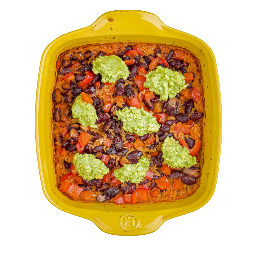 Baked Rice with Beans and Avocado