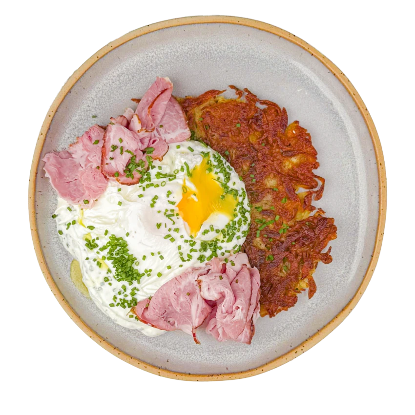 Potato Pancake Rosti With Smoked Pork Collar And Poached Egg