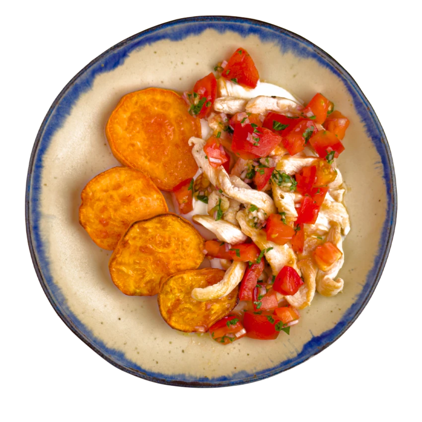 Chicken Strips with Roasted Sweet Potato and Salsa
