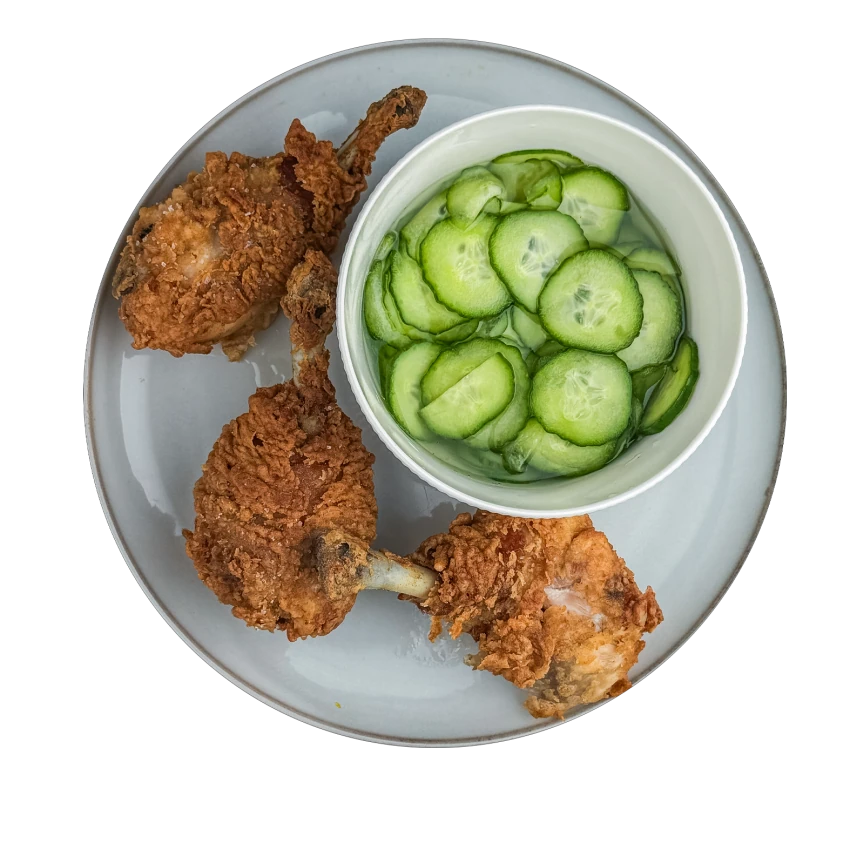 Fried Chicken Drumsticks with Cucumber Salad