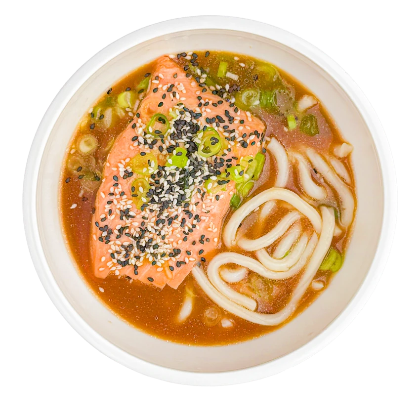 Poached Salmon in Miso Broth with Udon Noodles
