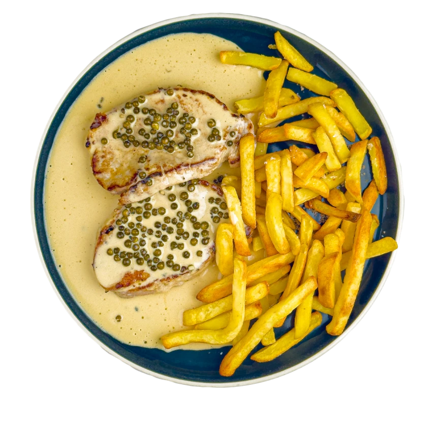 Pork Chop with Peppercorn Sauce and Fries