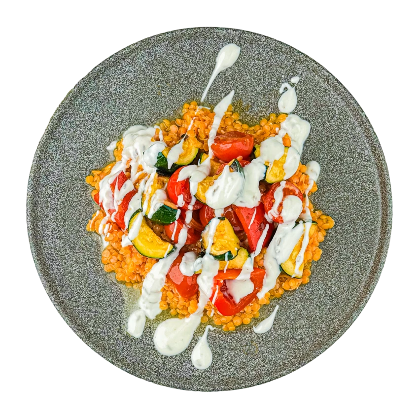 Roasted Summer Vegetables with Red Lentils and Yogurt Dressing