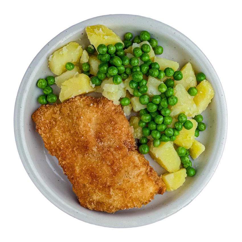 Chicken Schnitzel with Potatoes and Peas