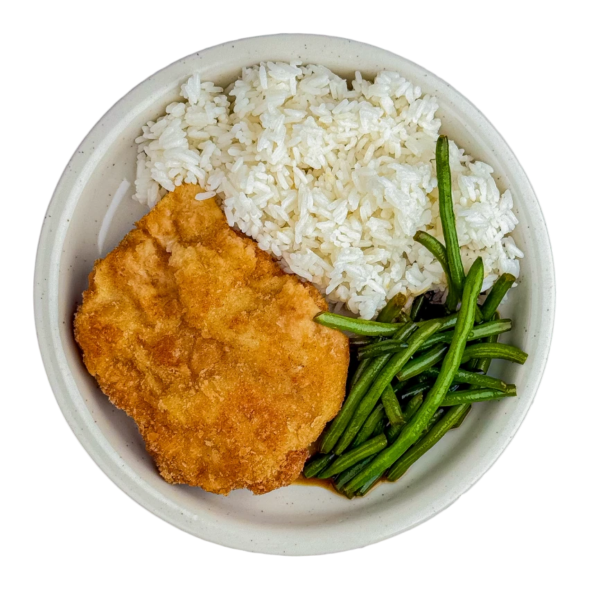 Pork Schnitzel with Rice and Sautéed Green Beans