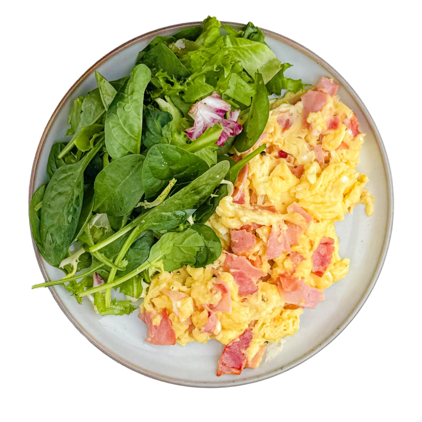 Scrambled Eggs with Ham and Salad