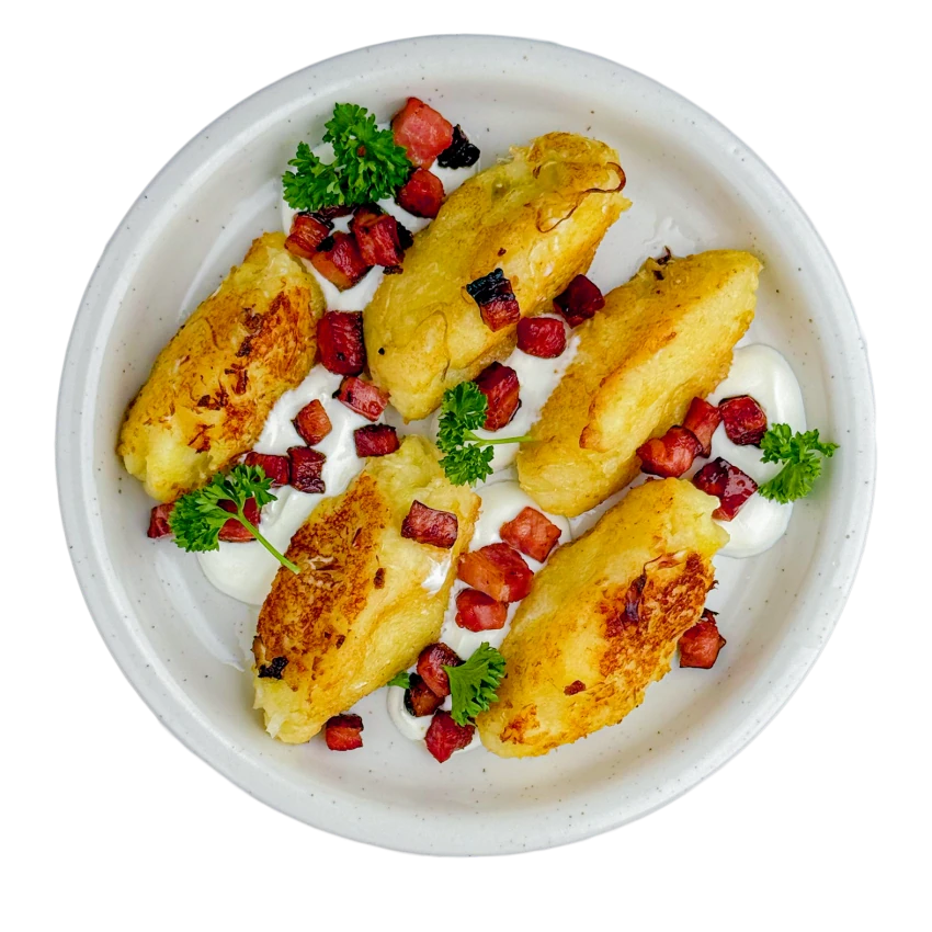 Cabbage Potato Dumplings with Lardons