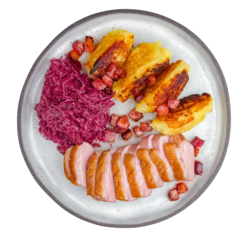 Duck Breast with Potato Dumplings, Cabbage and Lardons
