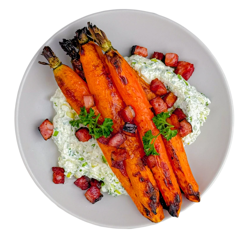 Roasted Carrots With Pork Cracklings And Herbed Quark