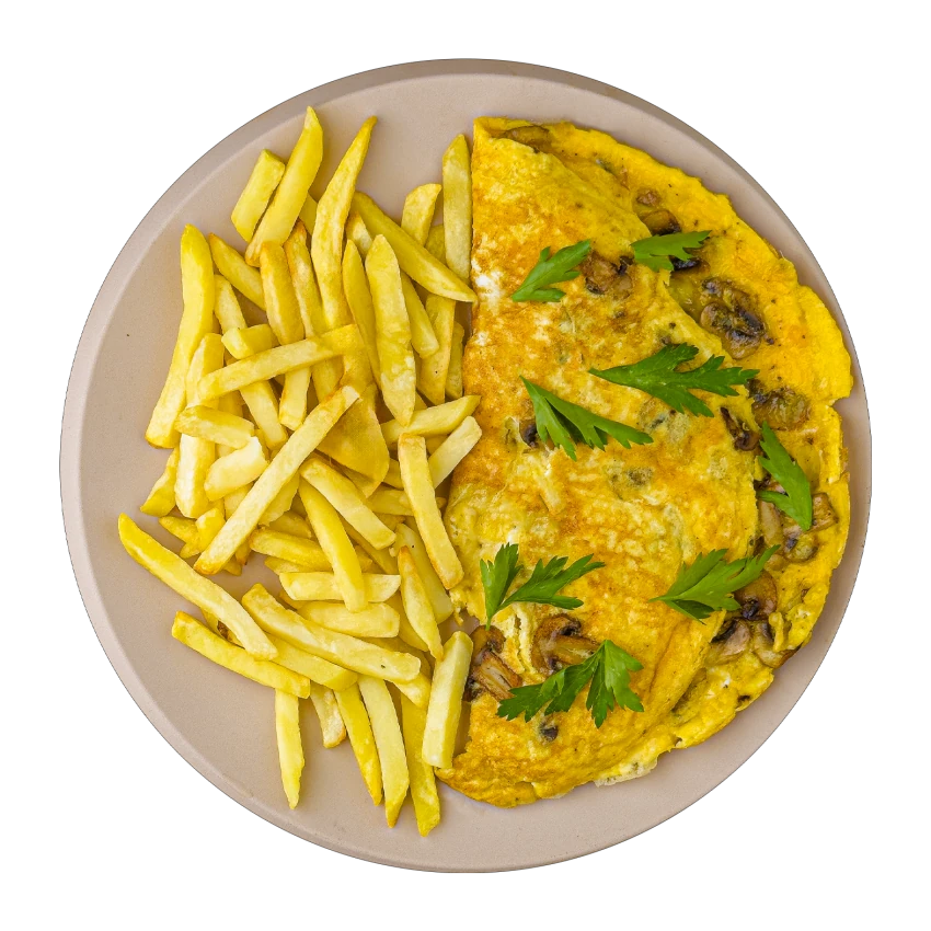 Cheese Omelette with Mushrooms and Fries