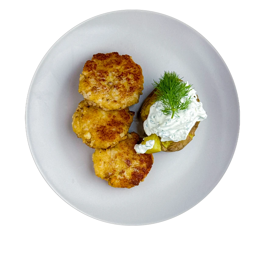 Cod fish cakes with potatoes and herb dip
