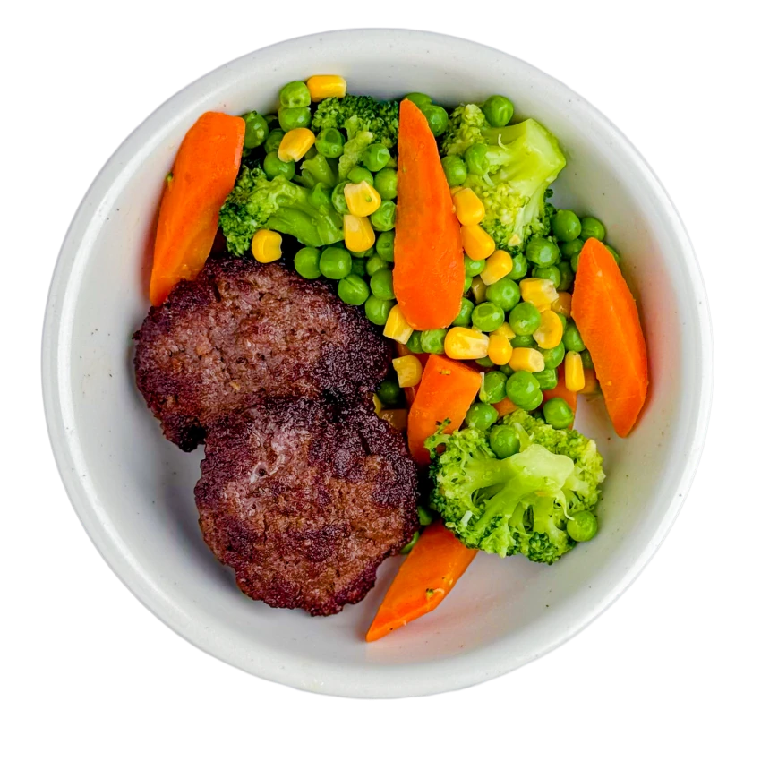 Bowl with Pork Patties and Boiled Vegetables
