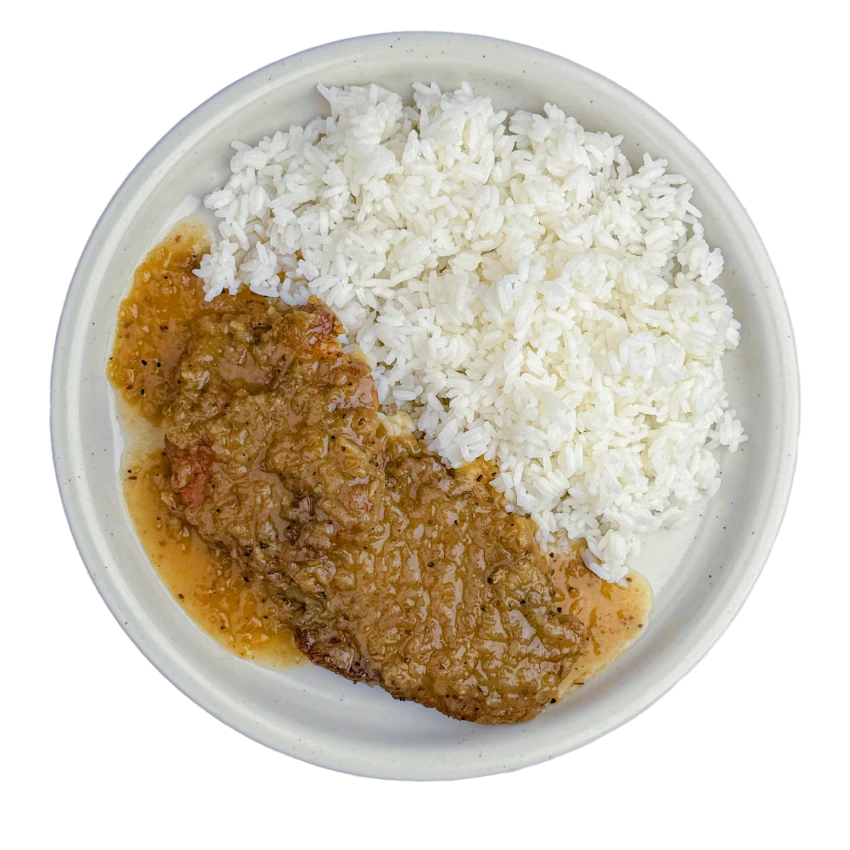 Pork neck with caraway and rice