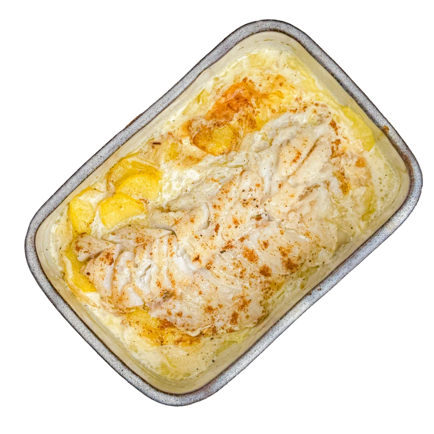 Portuguese cod in cream with potatoes and salad