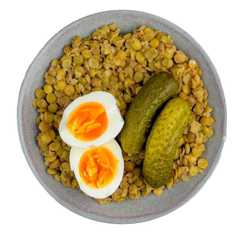 Lentils with Vinegar Sauce, Egg, and Pickle