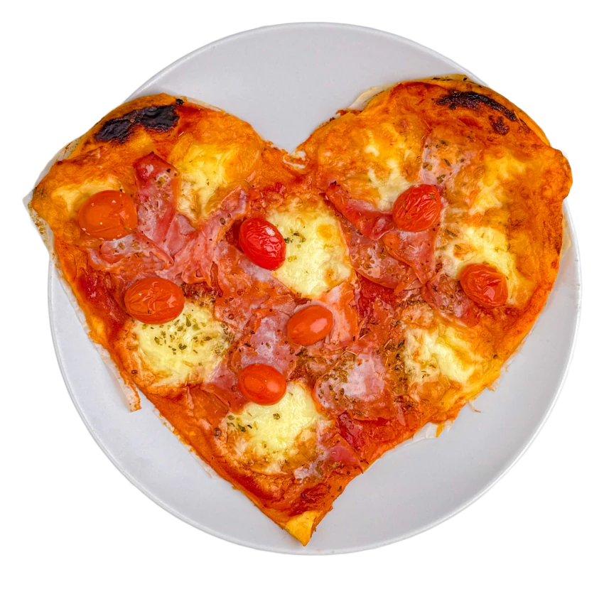 Ham puff pastry pizza in the shape of a heart