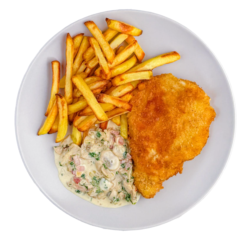 Jägerschnitzel mit Pilzsoße und Pommes