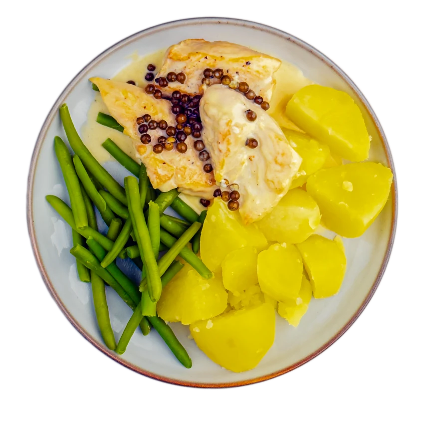 Chicken steak with pepper sauce and potatoes