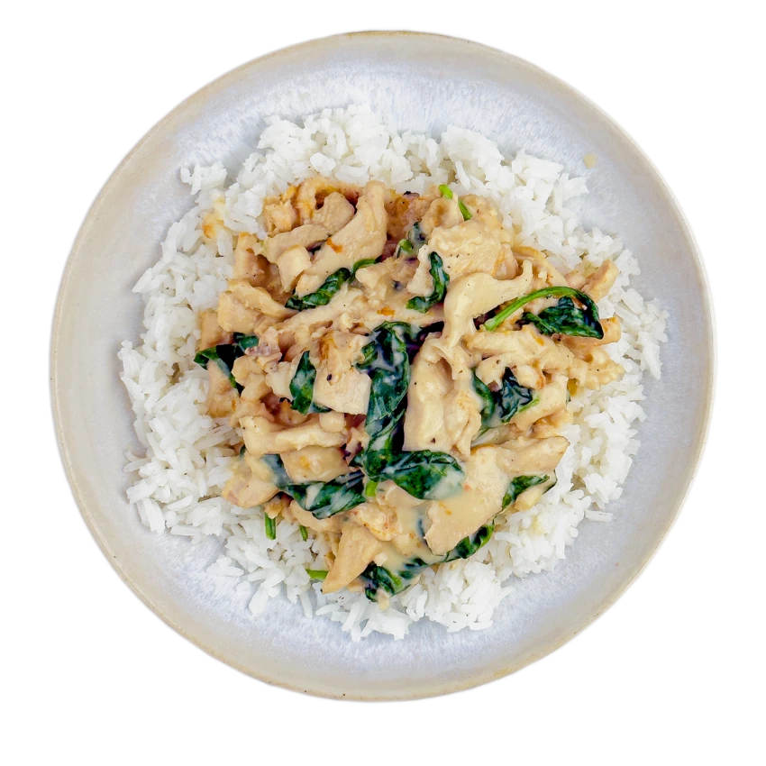 Chicken strips in a creamy sauce with spinach and rice