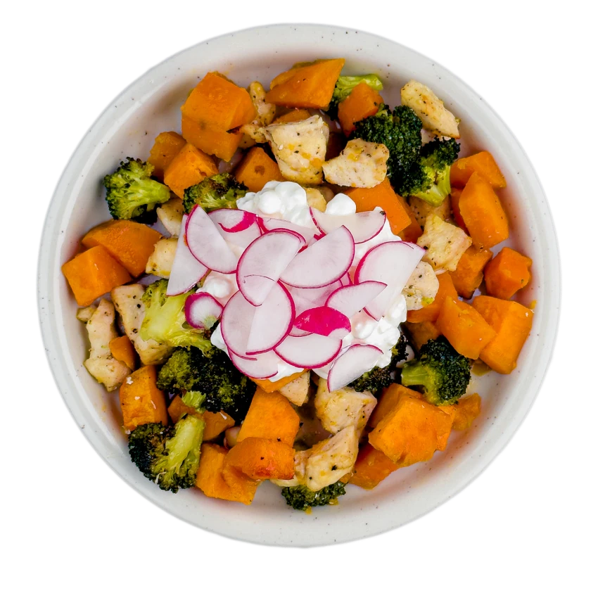Chicken bowl with roasted sweet potatoes, broccoli and cottage cheese