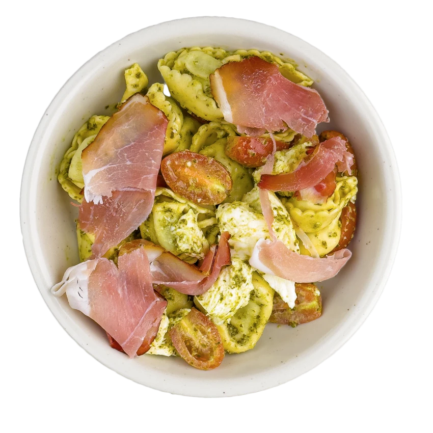 Tortellini with cherry tomatoes and basil pesto