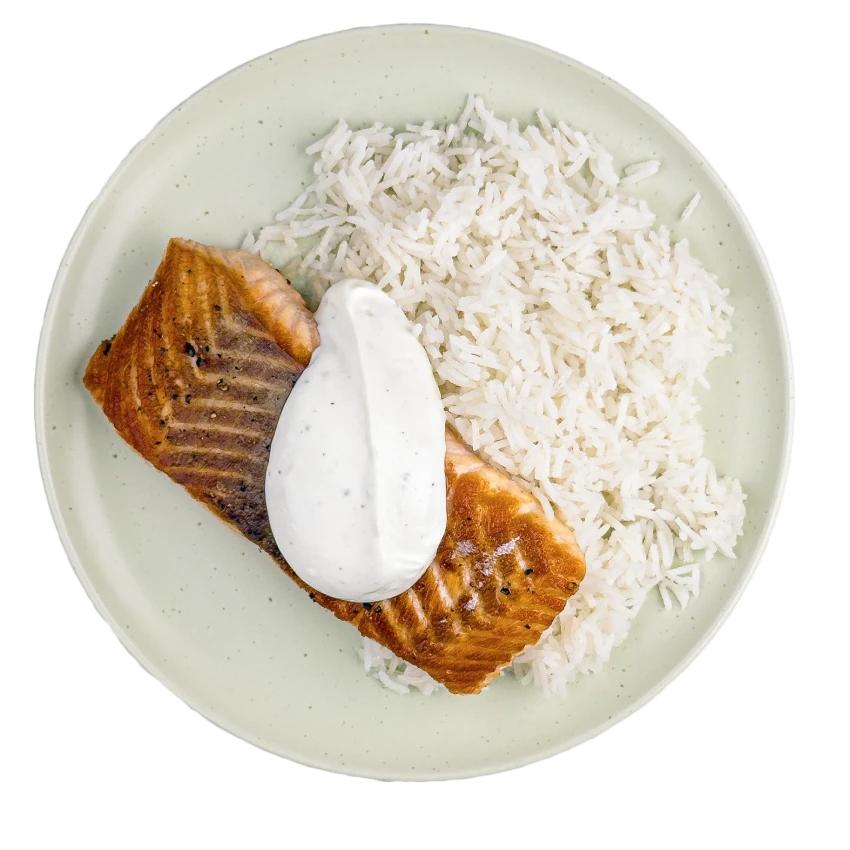 Salmon with rice and yogurt dip