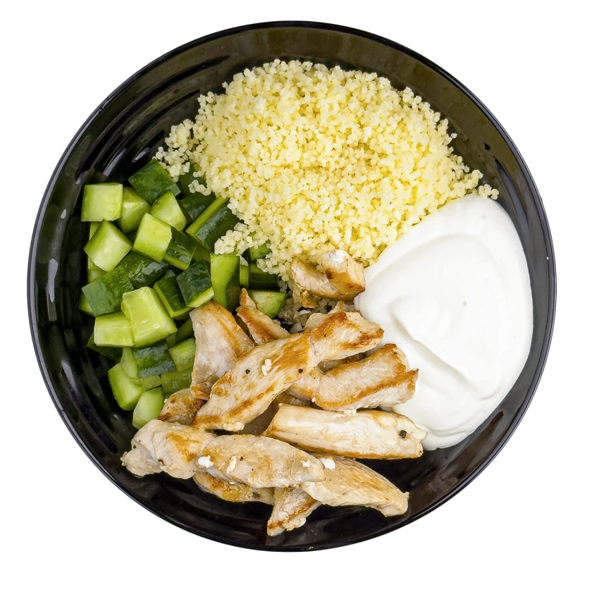 Chicken strips with couscous and cucumber salad