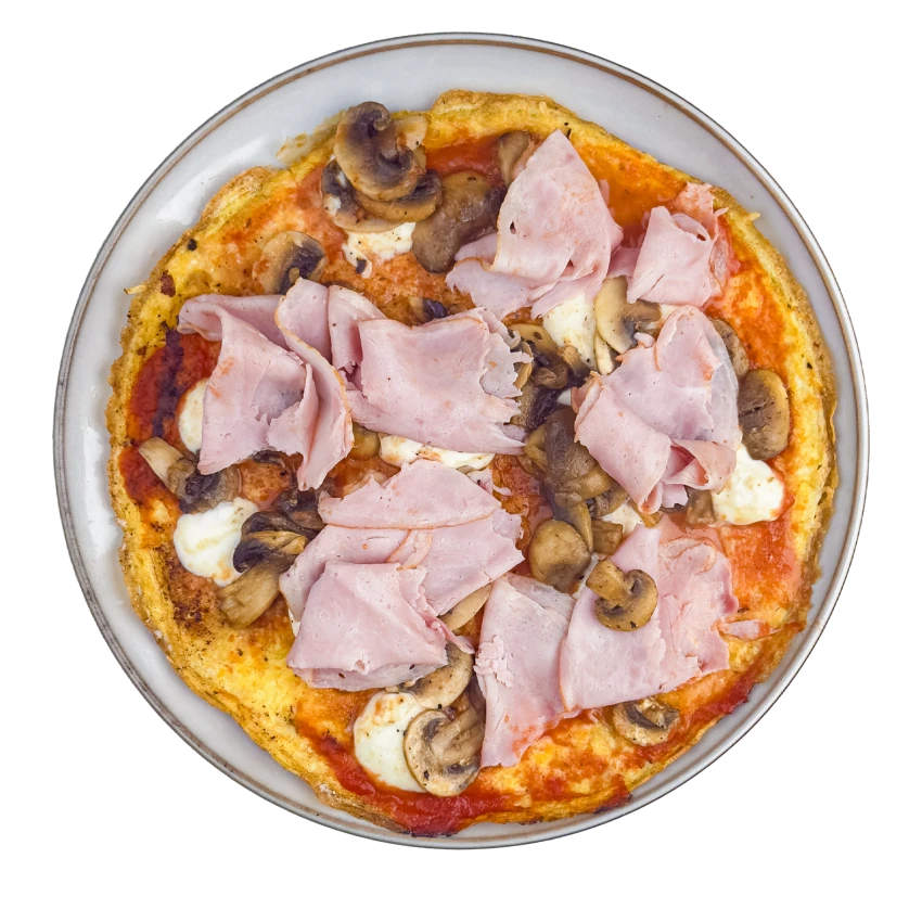 Egg and ham skillet pizza with mushrooms