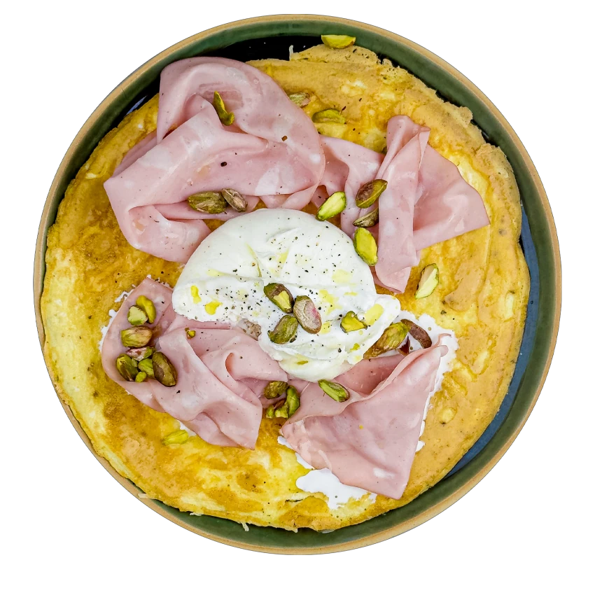 Egg pizza with mortadella, burrata and pistachios
