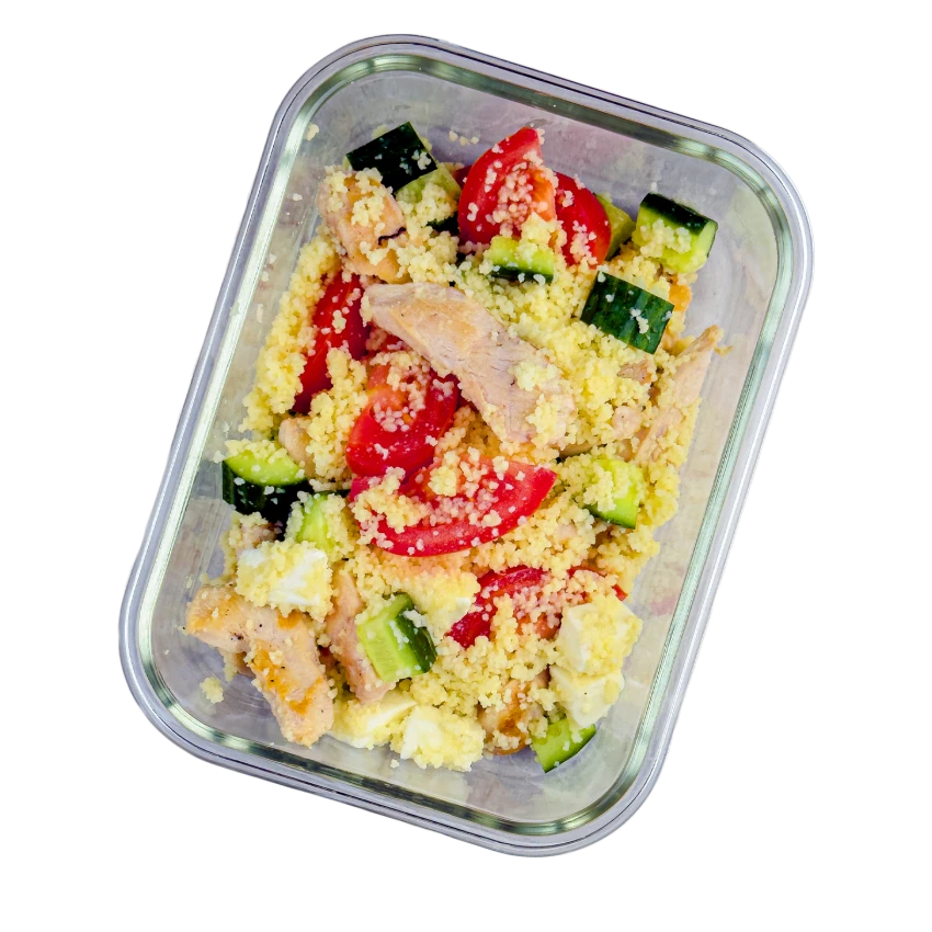 Box with couscous salad and chicken