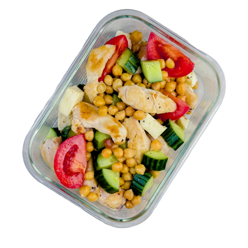 Meal box with chickpea salad and chicken