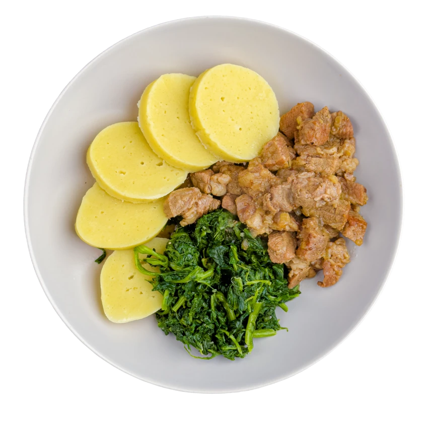 Quick Roast Pork with Spinach and Dumplings