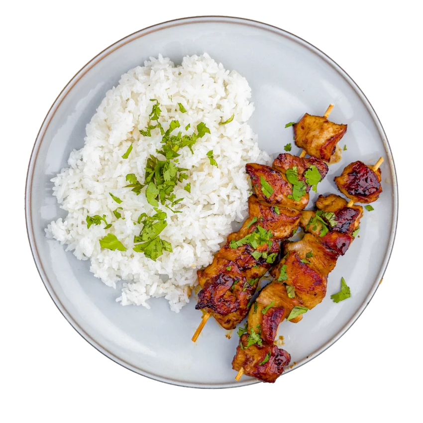 Chicken satay with rice