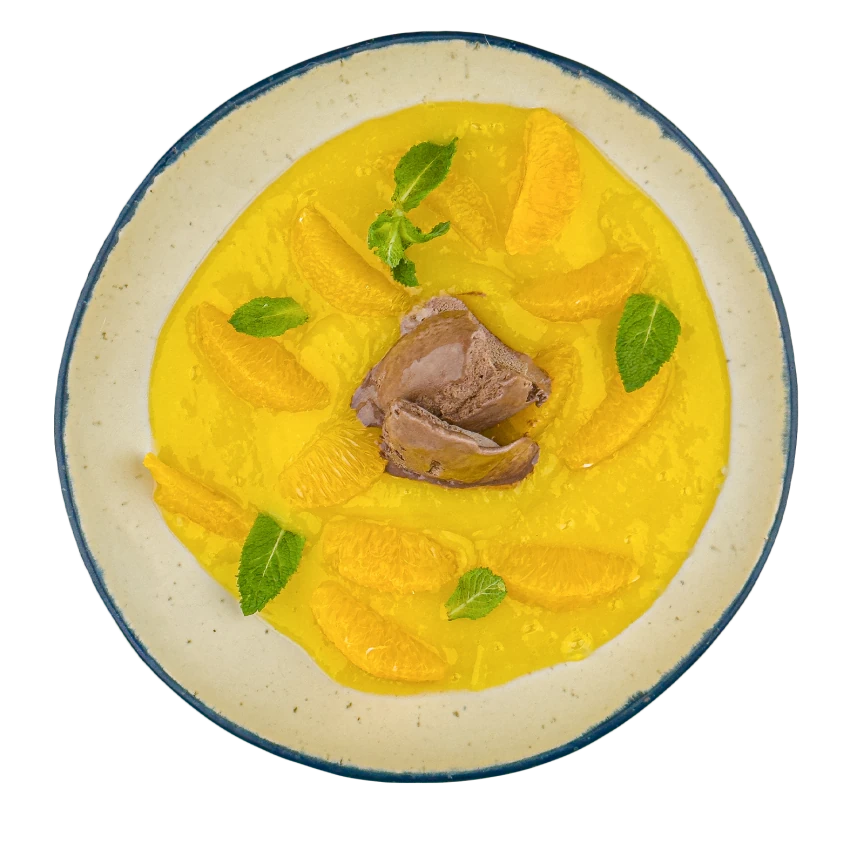 Chilled Mango Soup with Orange and Chocolate Ice Cream