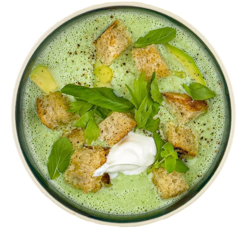 Cold Cucumber and Greek Yogurt Soup, Crispy Bread and Avocado