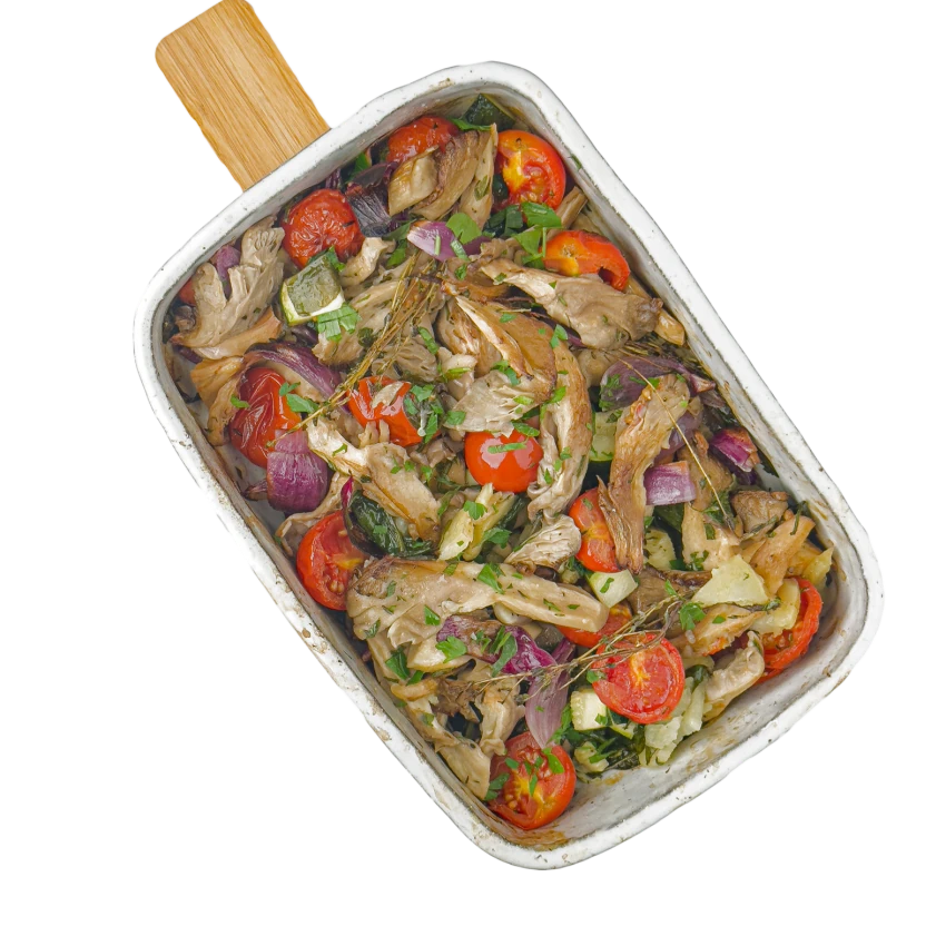 Baked Oyster Mushrooms with Potatoes, Zucchini and Tomatoes
