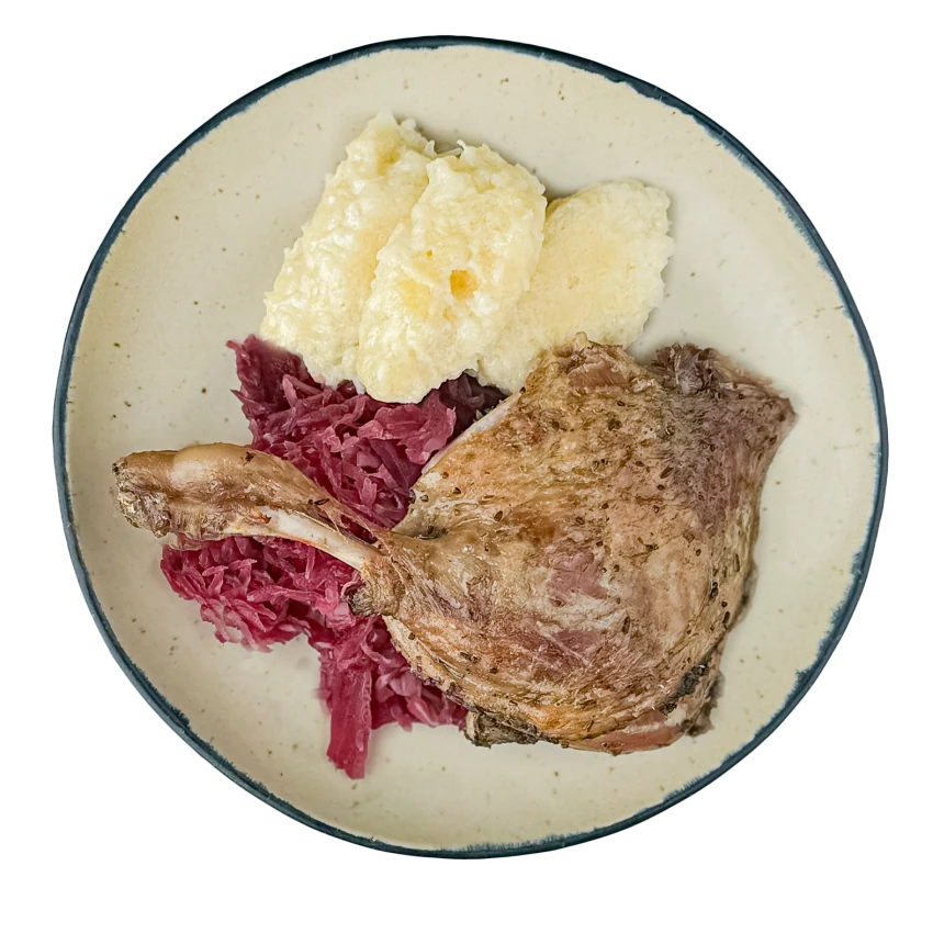 Potato Dumplings with Roasted Duck Leg and Red Sour Cabbage