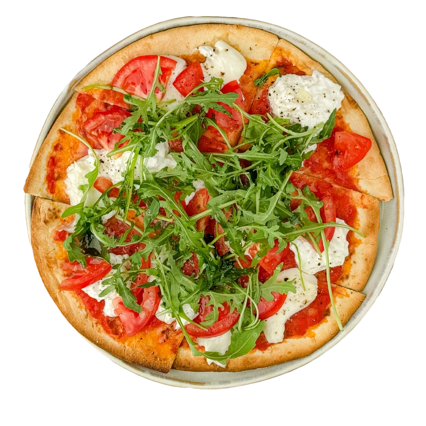 Pizza with Burrata, Tomatoes and Arugula