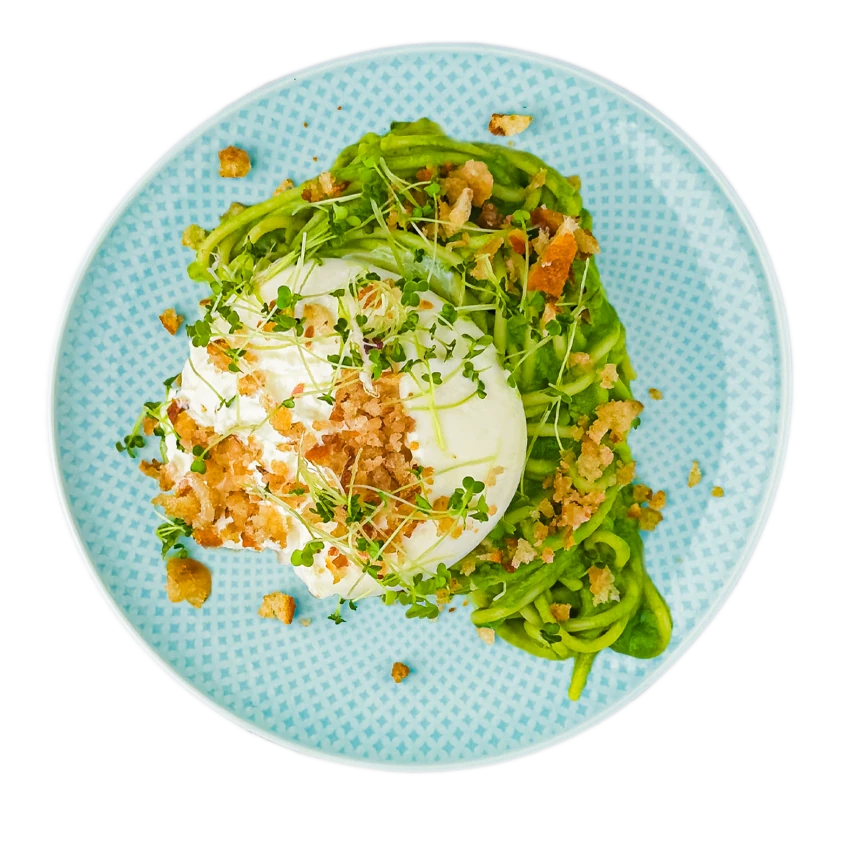 Spaghetti with Broccoli Cream, Burrata and Anchovy Breadcrumbs